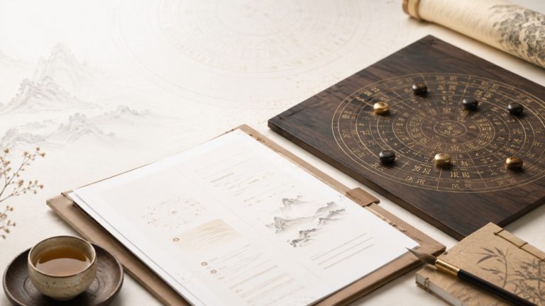，、Da Liu Ren decision reading sample report with a Chinese divination board case documents and tea cup