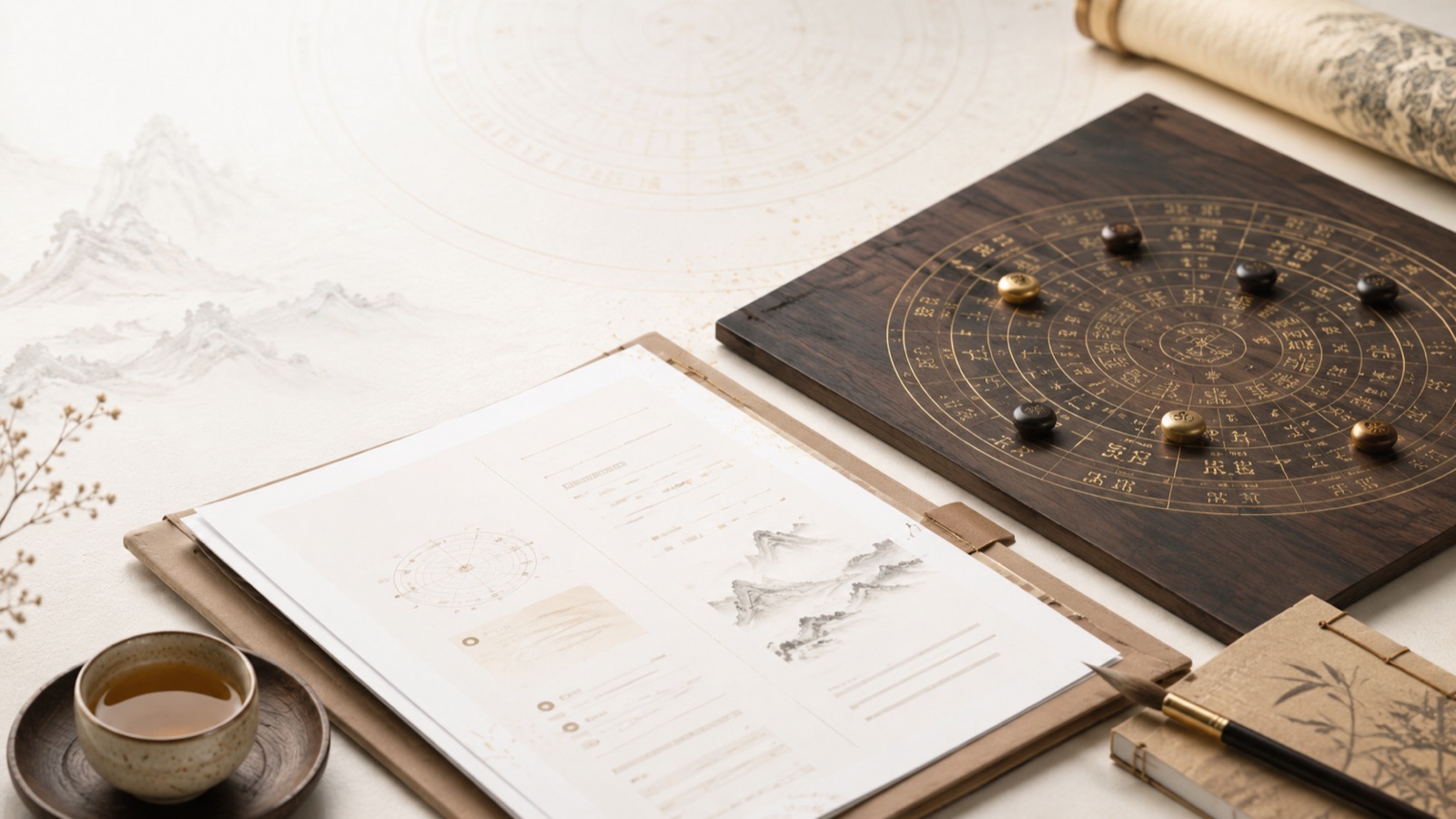 ，、Da Liu Ren decision reading sample report with a Chinese divination board case documents and tea cup