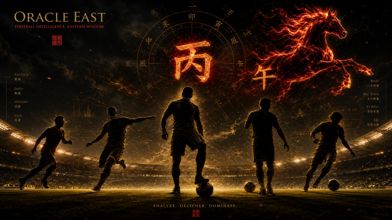 World Cup football stars under a 2026 Fire Horse BaZi stadium spotlight with Yang Fire and Horse symbolism