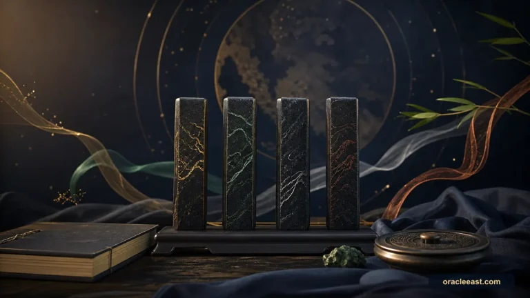 BaZi analysis represented by four stone pillars and five-element energy on a scholar's desk