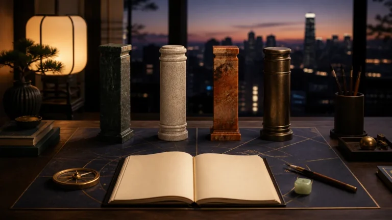 BaZi career analysis represented by four elemental pillars on a scholarly desk