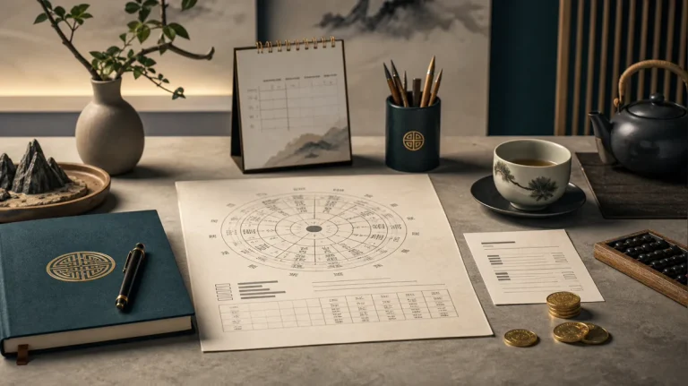 BaZi reading cost and value still life with chart paper, consultation notes, tea, and restrained gold tokens