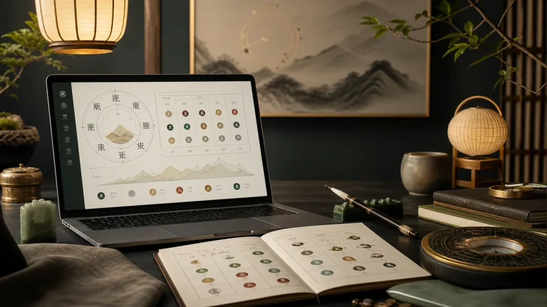 Premium online BaZi reading consultation desk with laptop, Four Pillars chart, ink brush, and Chinese metaphysics tools