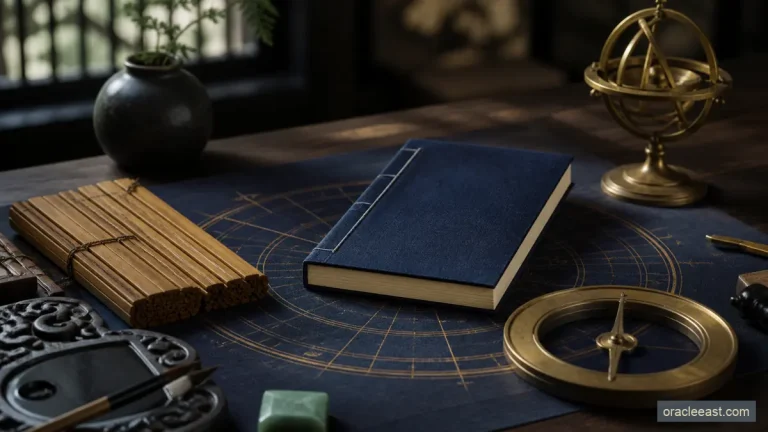 Da Liu Ren Jin Kou Jue classical study desk with an oracle manual, brass compass, inkstone, and bamboo slips