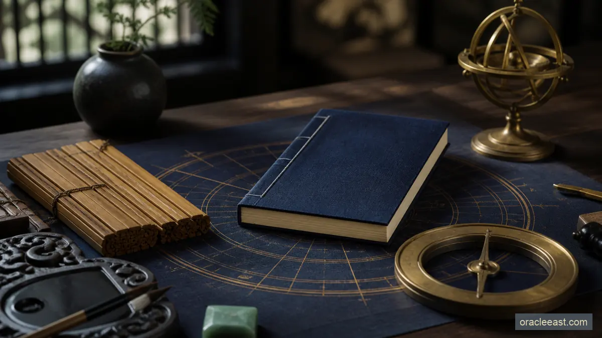 Da Liu Ren Jin Kou Jue classical study desk with an oracle manual, brass compass, inkstone, and bamboo slips