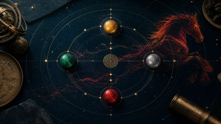 Four orbital nodes on a Zi Wei Dou Shu celestial chart with a subtle Fire Horse motif