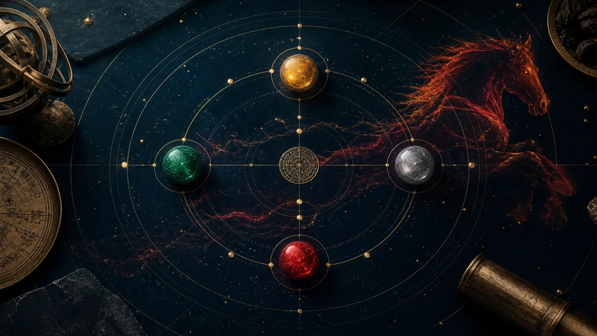 Four orbital nodes on a Zi Wei Dou Shu celestial chart with a subtle Fire Horse motif