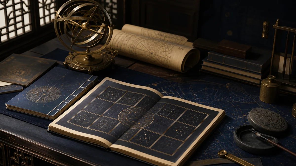 Open celestial manuscripts and brass armillary sphere on a scholar’s desk