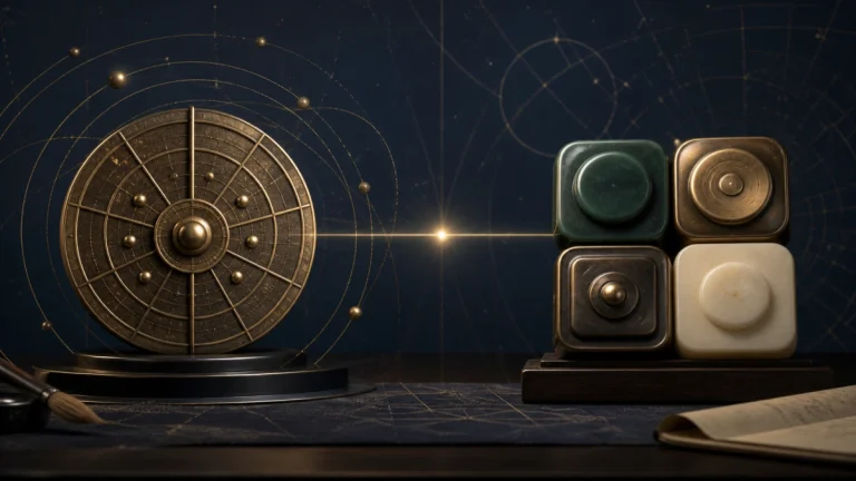 Qi Men Dun Jia compass and Da Liu Ren four-position objects on a navy scholar’s desk