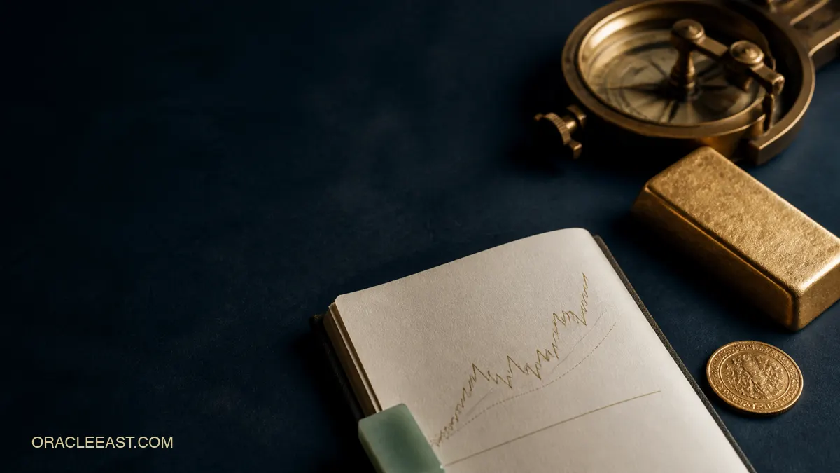 Gold decision reading sample with a gold bar, market research notebook, and brass compass