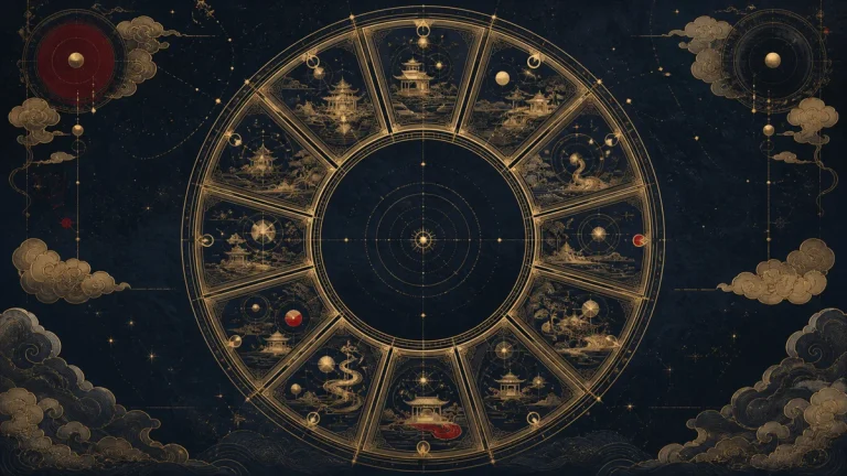 Twelve-sector Zi Wei Dou Shu palace wheel in antique gold on midnight blue