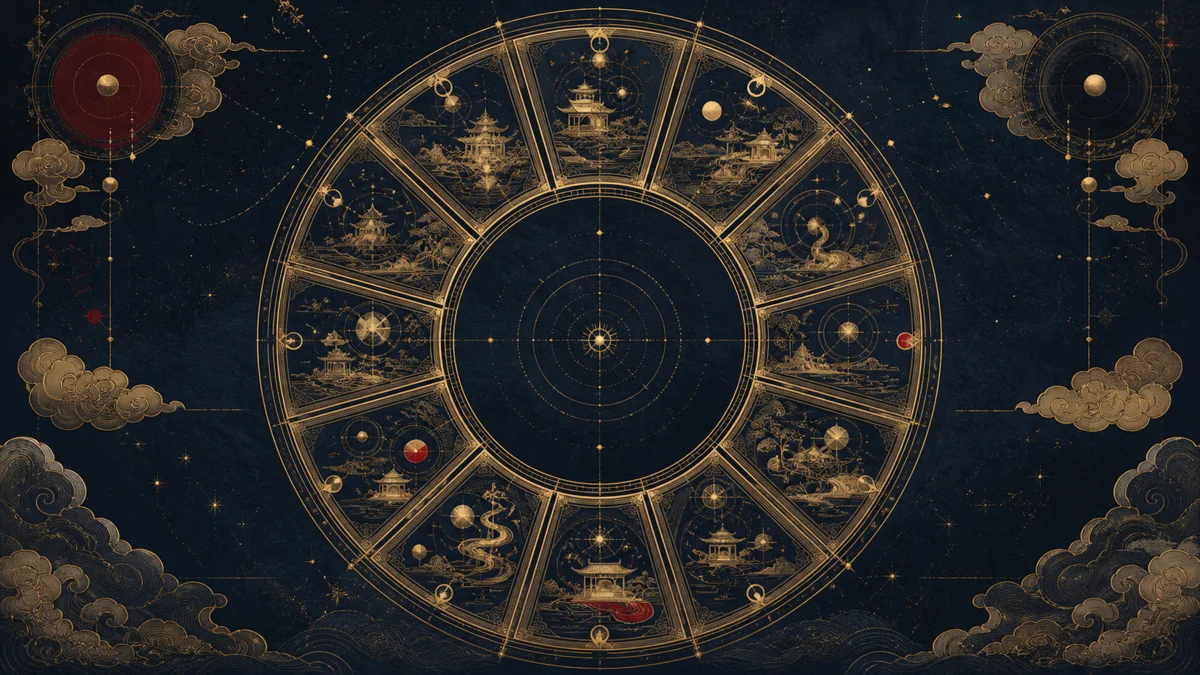 Twelve-sector Zi Wei Dou Shu palace wheel in antique gold on midnight blue