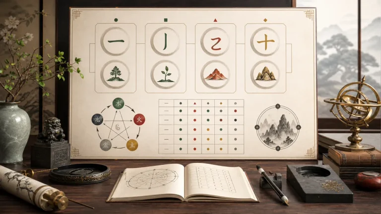 Educational Four Pillars BaZi reading diagram with five element symbols, chart grid, notebook, and classical study desk