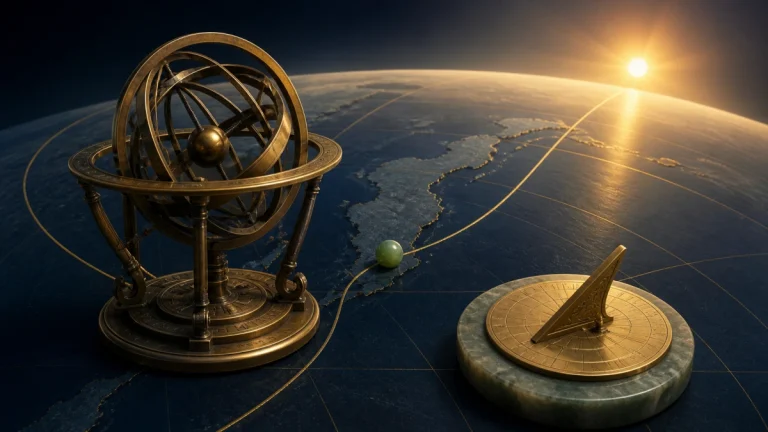Brass armillary sphere, sundial and longitude lines illustrating BaZi true solar time