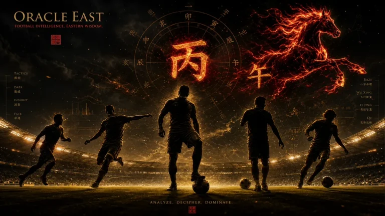 World Cup football stars under a 2026 Fire Horse BaZi stadium spotlight with Yang Fire and Horse symbolism