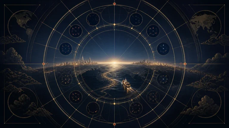 Zi Wei Dou Shu celestial chart opening onto a world horizon and overseas route