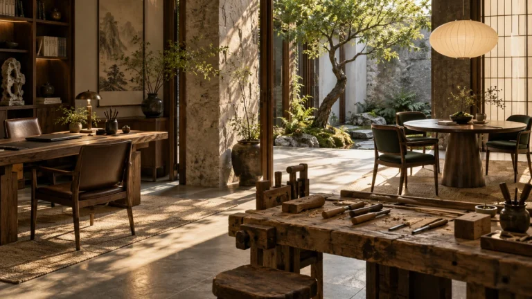 Three distinct workspaces opening onto a shared courtyard, symbolizing different career structures.