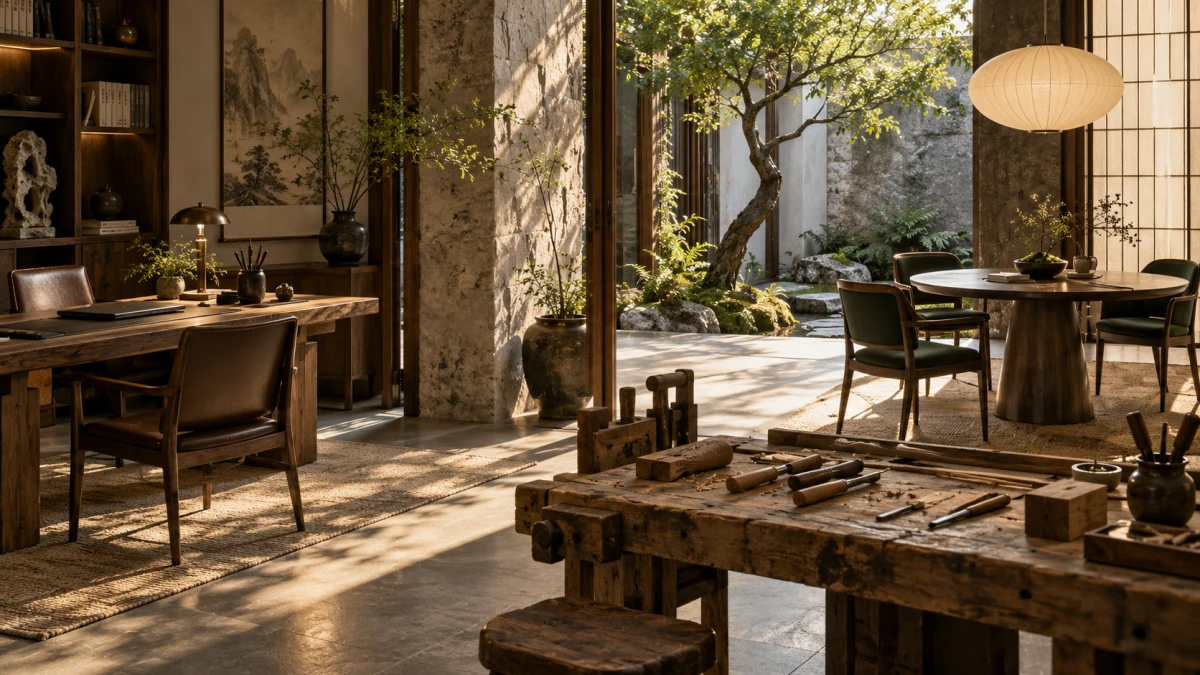 Three distinct workspaces opening onto a shared courtyard, symbolizing different career structures.