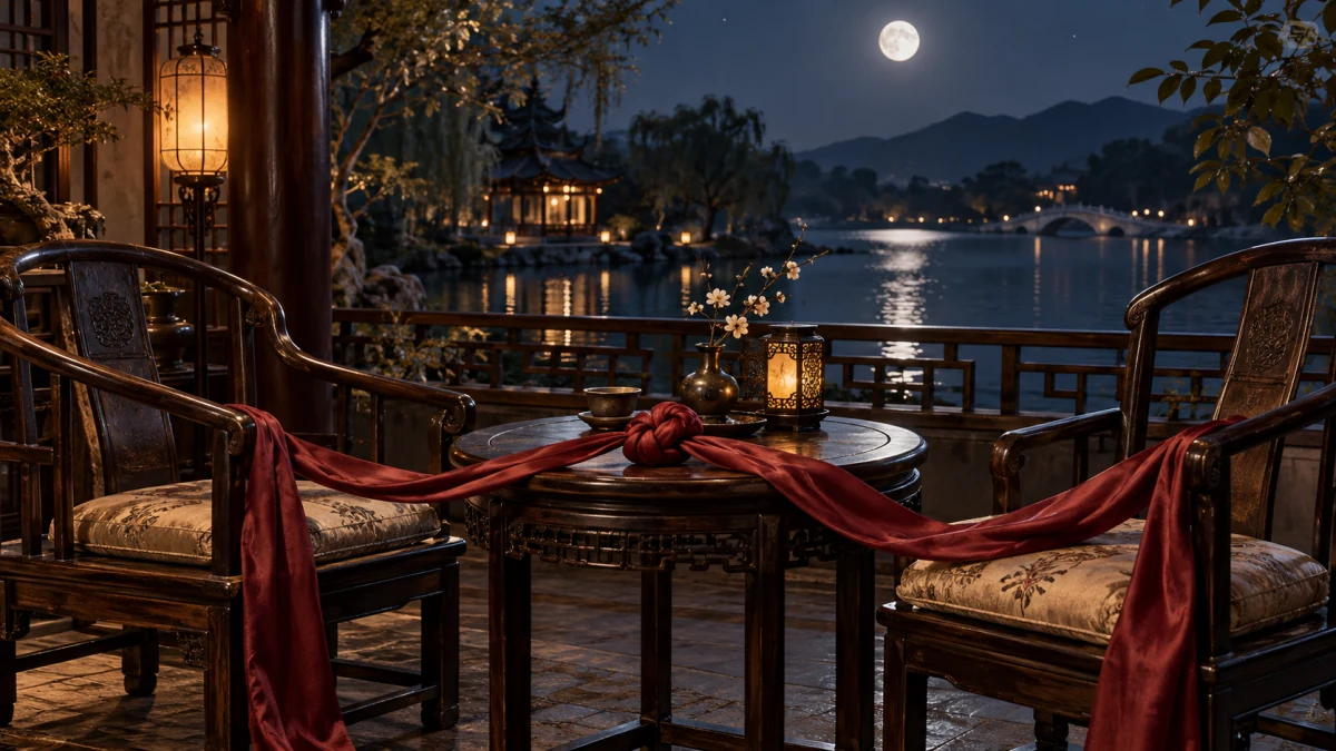 Two facing chairs linked by a loosely knotted red silk ribbon beneath a night sky, a symbolic relationship study.