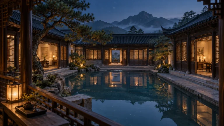 An open central courtyard reflecting the night sky, with surrounding rooms supplying the composition.