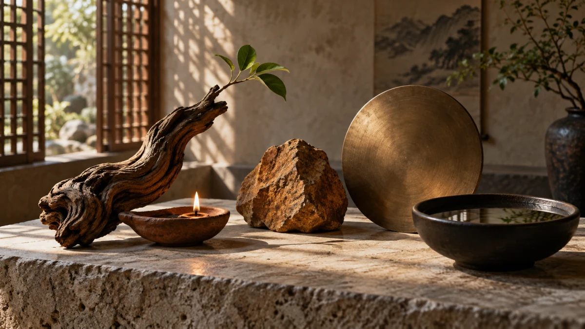 Wood, a small flame, earthen stone, bronze and water arranged as a natural-material still life.