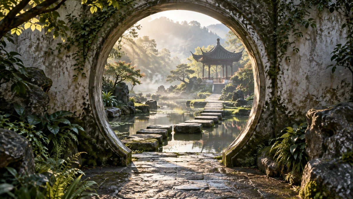 A circular garden gate framing a sunlit stepping-stone path toward a distant pavilion.