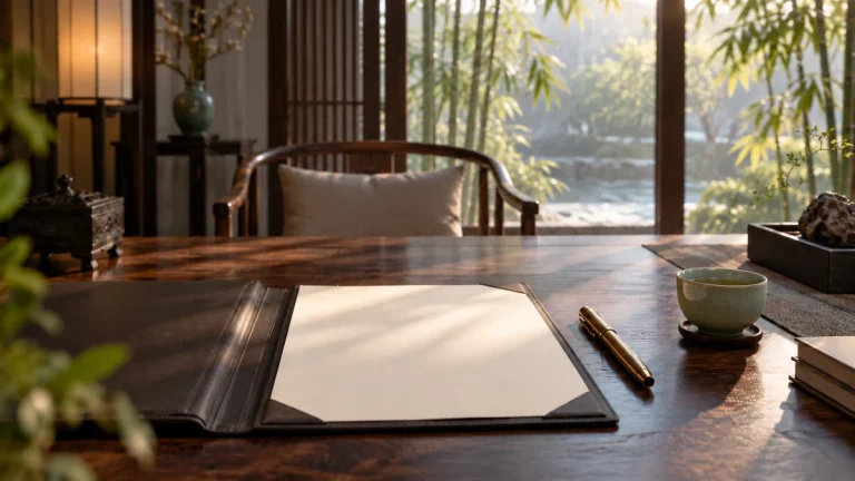 An unmarked document and fountain pen beside an empty interview chair, symbolizing the distinction between conversation and a confirmed offer.