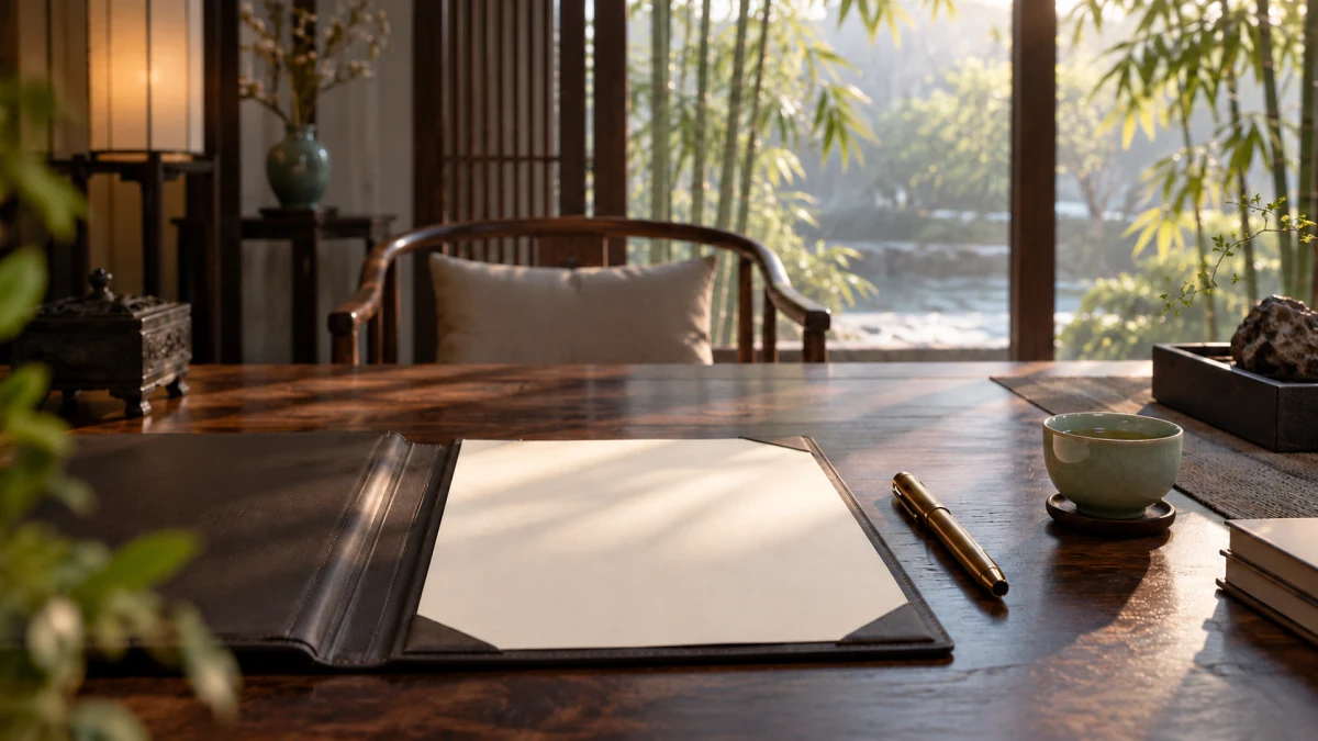 An unmarked document and fountain pen beside an empty interview chair, symbolizing the distinction between conversation and a confirmed offer.